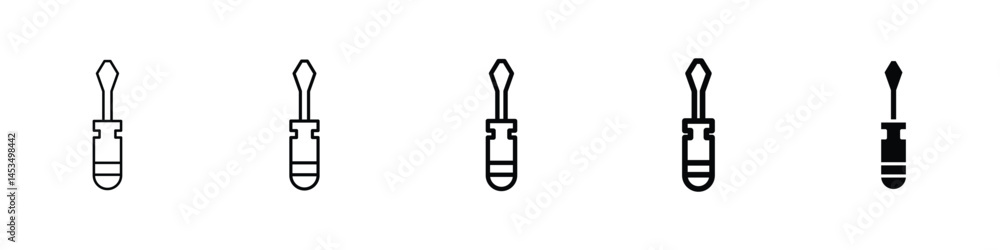 Set of 5 pixel perfect Screwdriver icon with 1 unexpanded, 1 silhouette, A flathead screwdriver tool icon in a diagonal position. Set of 5 pixel perfect Screwdriver icon with 1 unexpanded, 1 silhouette, A flathead screwdriver tool icon in a diagonal position.