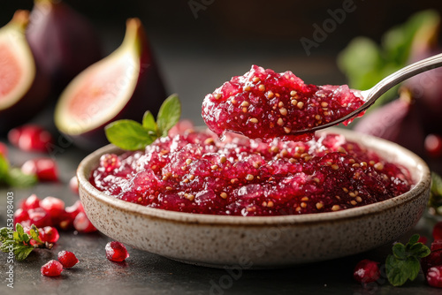 Spoon full of pomeal with fresh figs and strawberries on a white plate.