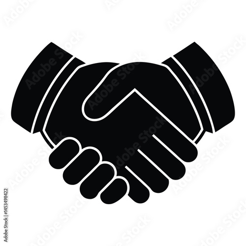 Two hands are joining in solid black handshake with a transparent background