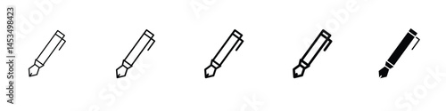 Set of 5 pixel perfect Pen icon with 1 unexpanded, 1 silhouette, A sleek ballpoint pen icon for writing or documentation.