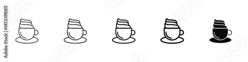 Set of 5 pixel perfect cappuccino icon with 1 unexpanded, 1 silhouette, A coffee cup icon with frothy topping and saucer.