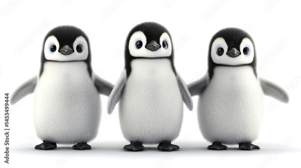 Naklejka premium Group of 3D Baby Penguins Standing, Isolated on Transparent or White Background. Adorable and Playful Antarctic Birds in a Stylized Composition