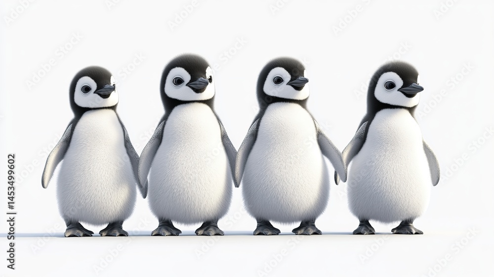 Fototapeta premium Group of 3D Baby Penguins Standing, Isolated on Transparent or White Background. Adorable and Playful Antarctic Birds in a Stylized Composition