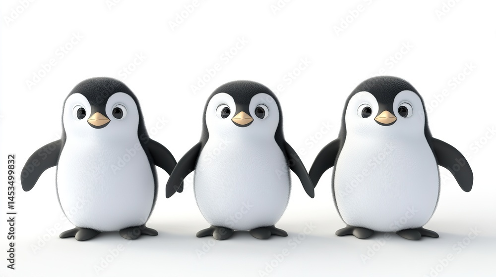 Fototapeta premium Group of 3D Baby Penguins Standing, Isolated on Transparent or White Background. Adorable and Playful Antarctic Birds in a Stylized Composition