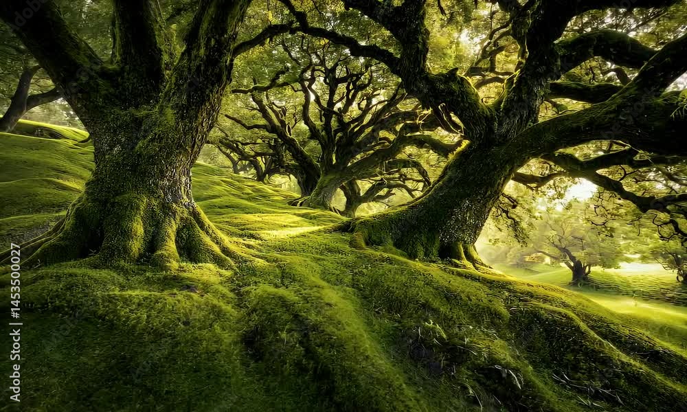 Mystical forest landscape with ancient, moss-covered trees bathed in golden sunlight. A serene, enchanted woodland scene rich in natural beauty. Mystical forest landscape with ancient, moss-covered trees bathed in golden sunlight. A serene, enchanted woodland scene rich in natural beauty.