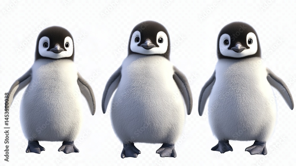 Fototapeta premium Group of 3D Baby Penguins Standing, Isolated on Transparent or White Background. Adorable and Playful Antarctic Birds in a Stylized Composition