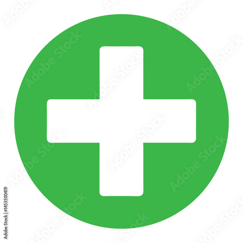 White plus symbol is centered on a bright green circle with transparency