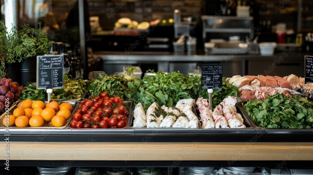 Obraz premium Menu board layout with visual graphics and color-coded food sections