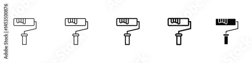Set of 5 pixel perfect paint roller icon with 1 unexpanded, 1 silhouette, A paint roller icon for wall painting and home improvement.