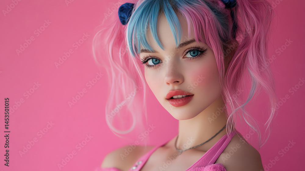 Cosplayer with pink and blue hair in buns, wearing a pink outfit, posing against a hot pink background Cosplayer with pink and blue hair in buns, wearing a pink outfit, posing against a hot pink background