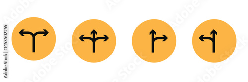 Set curve turn right left forward backward go yellow degree loop road traffic warning sign icon. exclamation, hazard sign symbol logo design for web mobile isolated white background illustration. Eps 