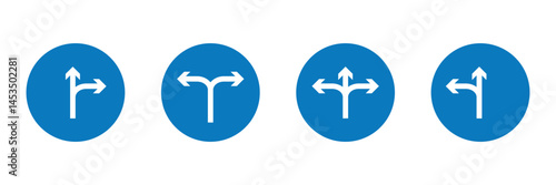 Arrow road signs icon. Road sign right turn icon collection. Right turn symbol sign. Traffic signs icon. Turn right and don't turn right isolated on white background.