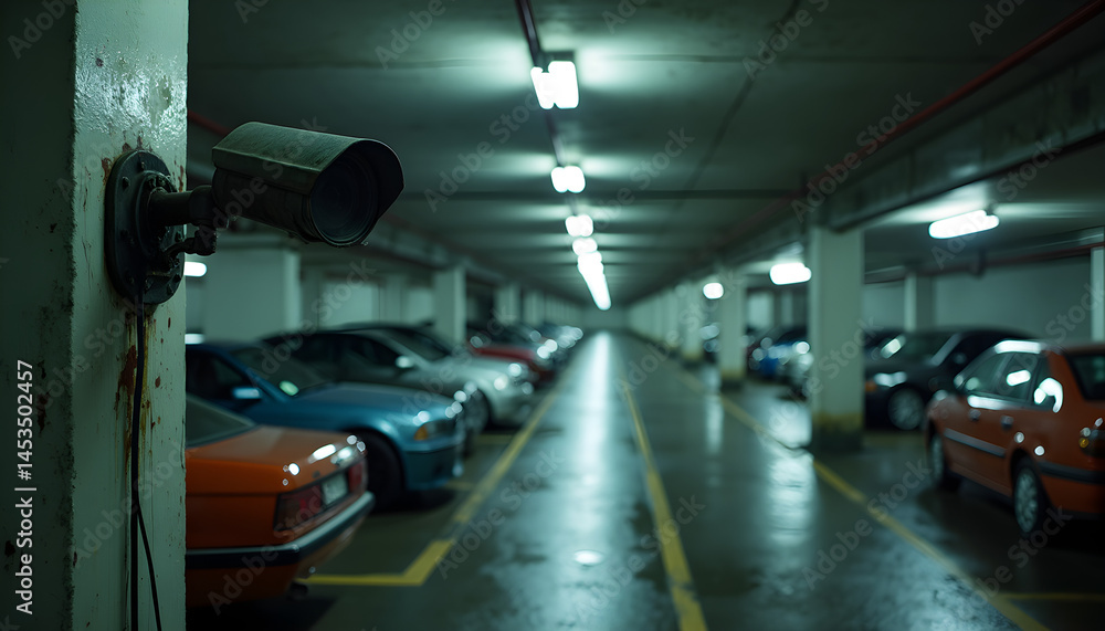 Fototapeta premium A security camera mounted on a wall in a parking garage.