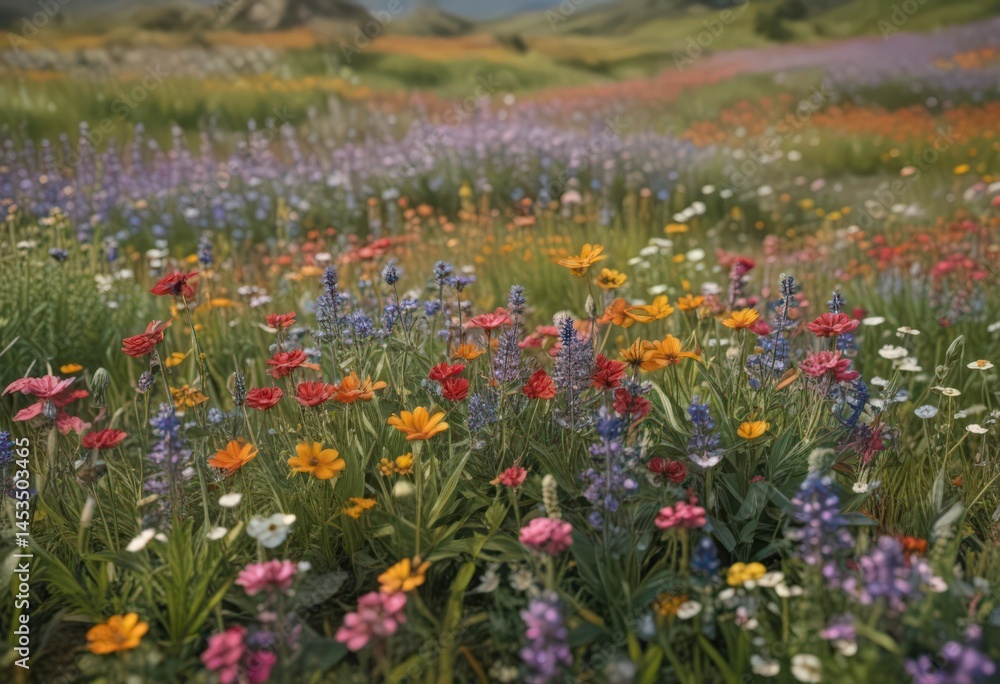 Obraz premium Lush wildflowers bloom, diverse colors in field, nature scene, botany