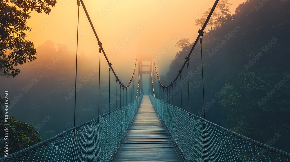Obraz premium Misty Suspension Bridge Under Sunrise in a Serene Natural Landscape Background. Captivating Scene of Nature's Tranquil Beauty