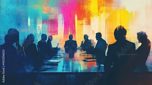 Abstract corporate meeting artwork with vibrant background hues reflecting leadership