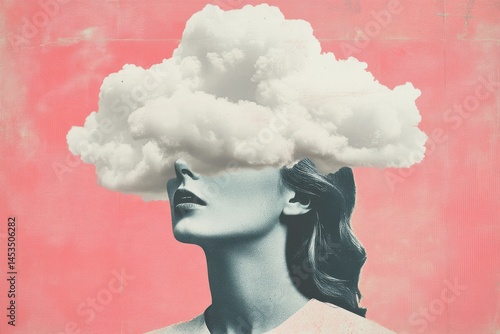 A dreamy faceless woman with a cloud head floats in retro collage on pastel pink