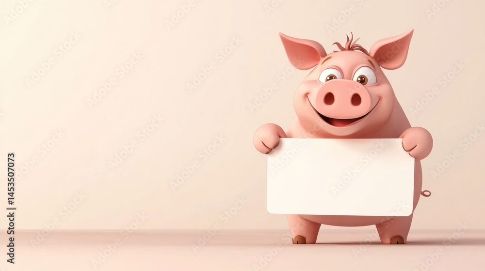 Smiling pig holds blank sign Smiling pig holds blank sign