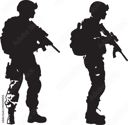 Silhouette of Armed Soldiers: Military Personnel with Rifles, Vector Illustration of Combat Troops in Action, Black and White Graphic Design