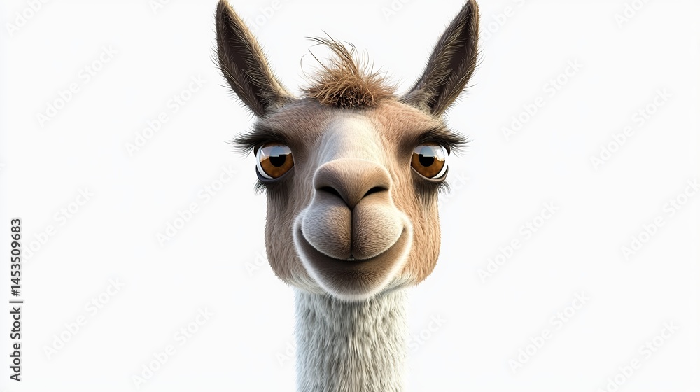 Obraz premium Portrait of 3D Llama Cartoon Animal, Isolated on Transparent or White Background. Playful and Adorable Character Design