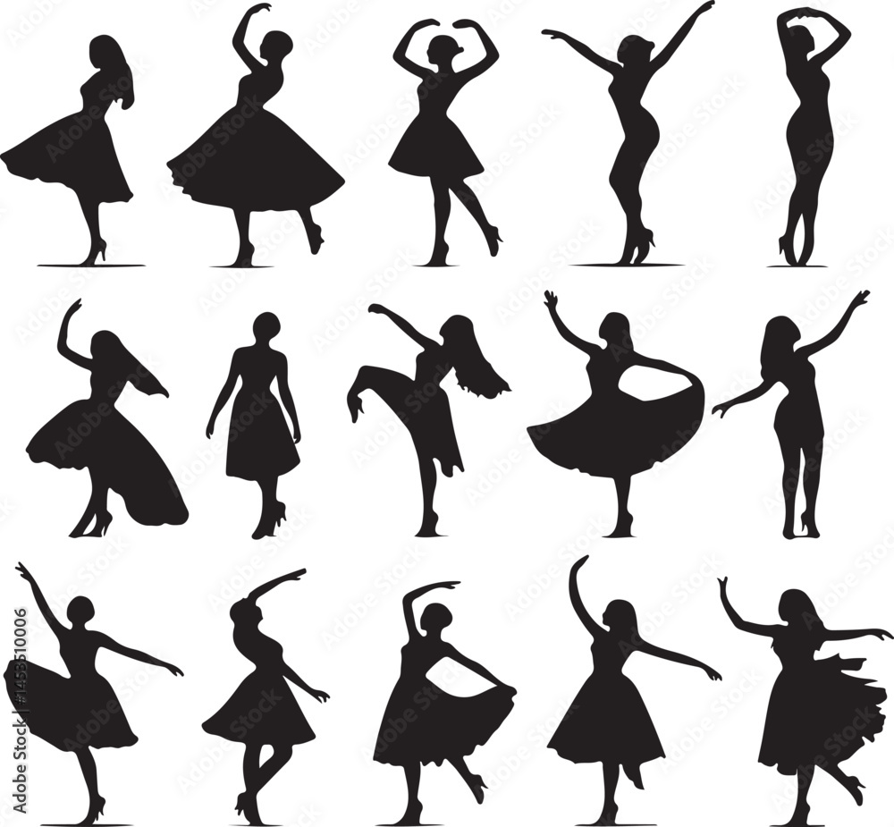 Fototapeta premium Silhouette Vector Art: Collection of Elegant Women Dancing in Various Poses - Graceful Female Figures in Motion for Graphic Design Projects