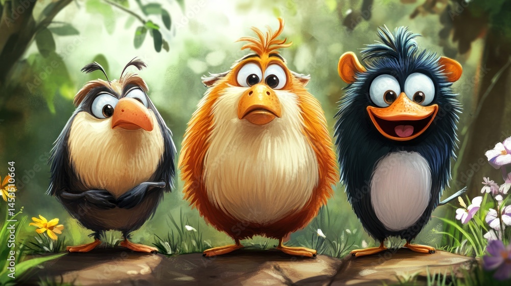 Fototapeta premium Three cartoon birds in a forest setting