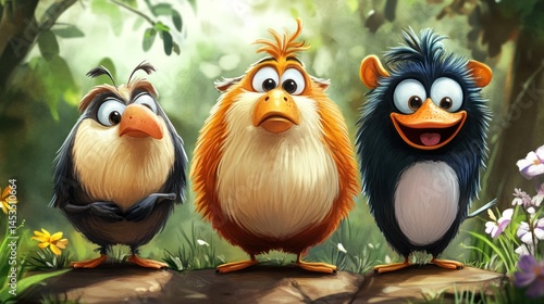 Three cartoon birds in a forest setting