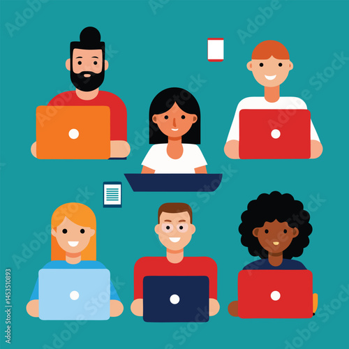 Remote Work Team Illustration in Flat Colors