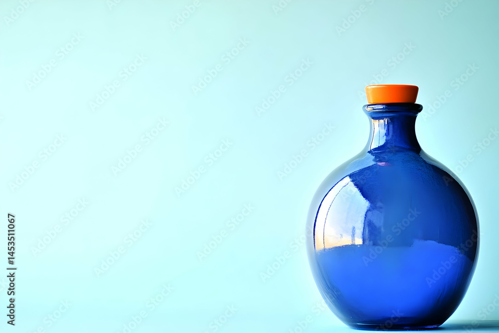 Cobalt Blue Glass Bottle with Orange Lid on Light Blue Background Cobalt Blue Glass Bottle with Orange Lid on Light Blue Background