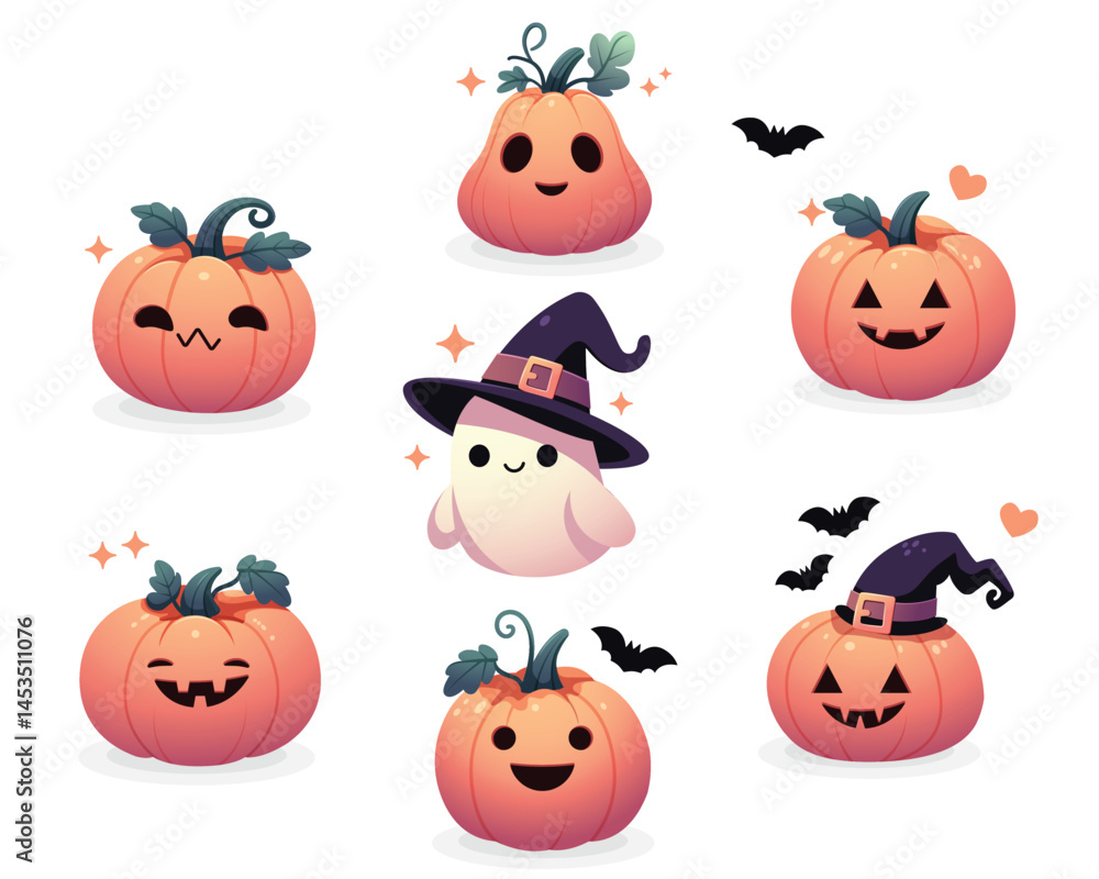 Naklejka premium Halloween pumpkins set vector design. Halloween pumpkin lantern funny faces isolated on white background for holiday spooky trick or treat collection . Vector 