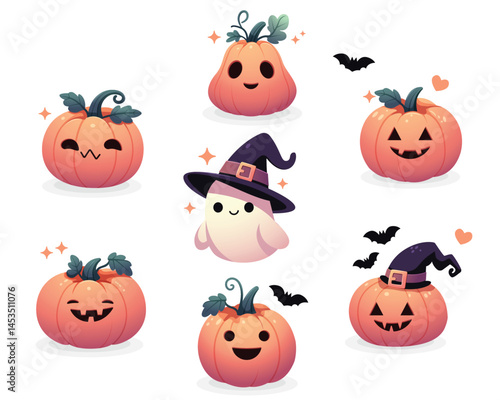 Halloween pumpkins set vector design. Halloween pumpkin lantern funny faces isolated on white background for holiday spooky trick or treat collection . Vector 