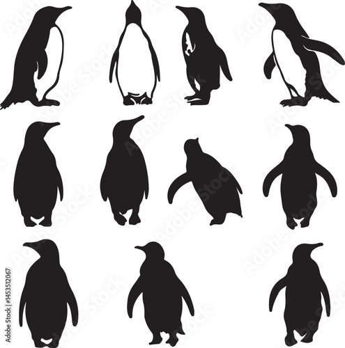 Penguin Silhouette Vector Art: Black and White Illustration of Cute Antarctic Birds in Various Poses for Graphic Design and Wildlife Projects