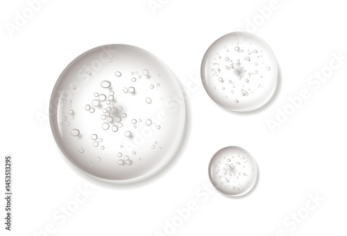 Water serum texture. Liquid gel drops. Clear white cosmetic oil with bubbles circle set isolated on white background