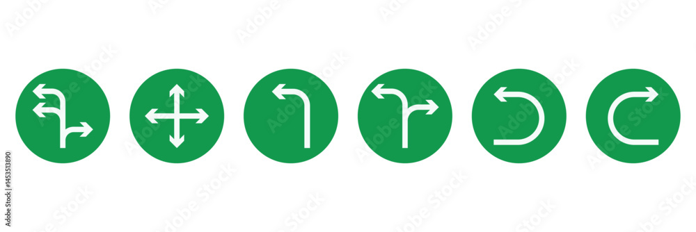 Road traffic direction arrows flat set. You-turn, left, right, two way, three way transportation direction arrow symbol. decision icon vector Traffic way icon isolated Road arrow Sketch. Eps 10.