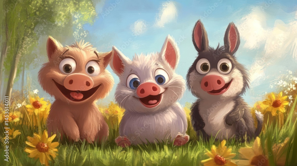 Three happy piglets in a meadow Three happy piglets in a meadow