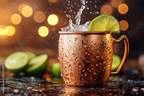 Moscow Mule cocktail garnished with lime and ice.