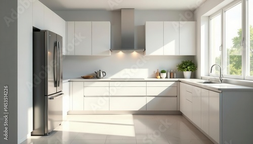 Wallpaper Mural Bright minimalist kitchen, stainless steel fridge, food storage, household Torontodigital.ca