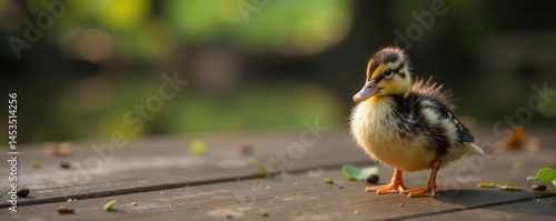 Brown duckling on aged wood surface, rustic setting , duckling, small
