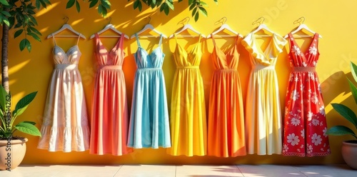 Bright sundresses cascade against a sunny wall , garment, holiday