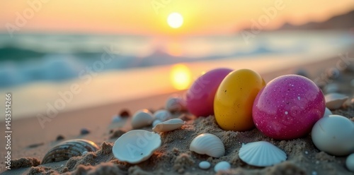 Brightly colored Easter eggs nestled amongst seashells at sunset's golden hour , sand, background