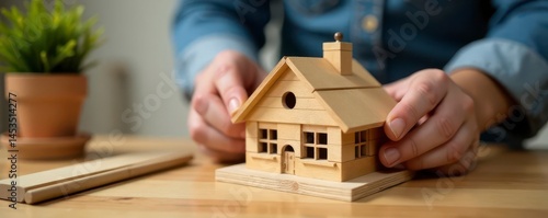 Close-up of hands meticulously crafting a miniature house from wood , plan, skill, success