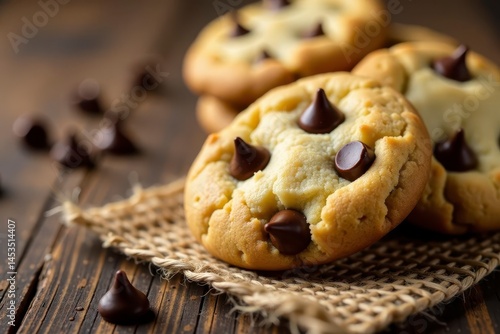 Crumbly chocolate chip cookies on burlap & wood , brown, photography, baked