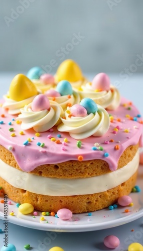 Decorated Easter cake, colorful frosting, candy sprinkles, celebration, cake, fun