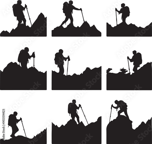 Silhouette Hiking: Mountain Climber Vector Graphics, Outdoor Adventure Illustration, Trekking, Backpacking, Peak Ascent, Black and White Art