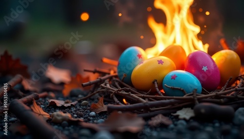 Easter eggs nestled amongst glowing embers of a bonfire, backdrop, fire, speckled