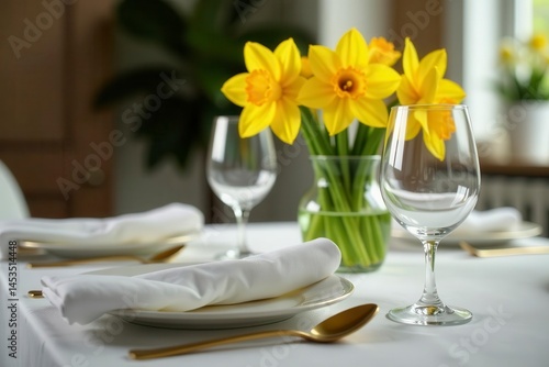 Elegant Easter table setting, daffodils centerpiece, gold cutlery, daffodils, gold, tablecloth