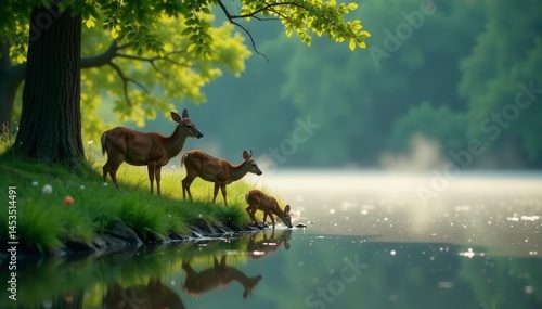 Family of deer quenching thirst, misty lake, vibrant greenery, lush, calm