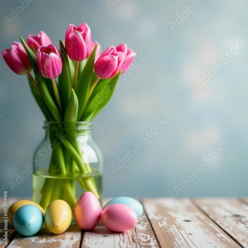 Elegant pink tulip bouquet with painted Easter eggs on weathered wood tabletop , pastel, image