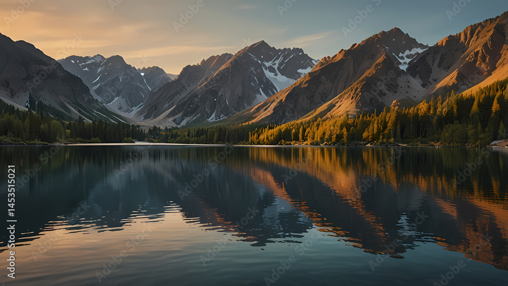 Obraz premium Serene Sunset Scene with Lake and Mountain Horizon