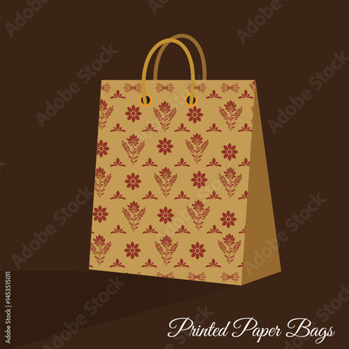 A decorative paper bag with red floral patterns and handles, commonly used for shopping or gift packaging.